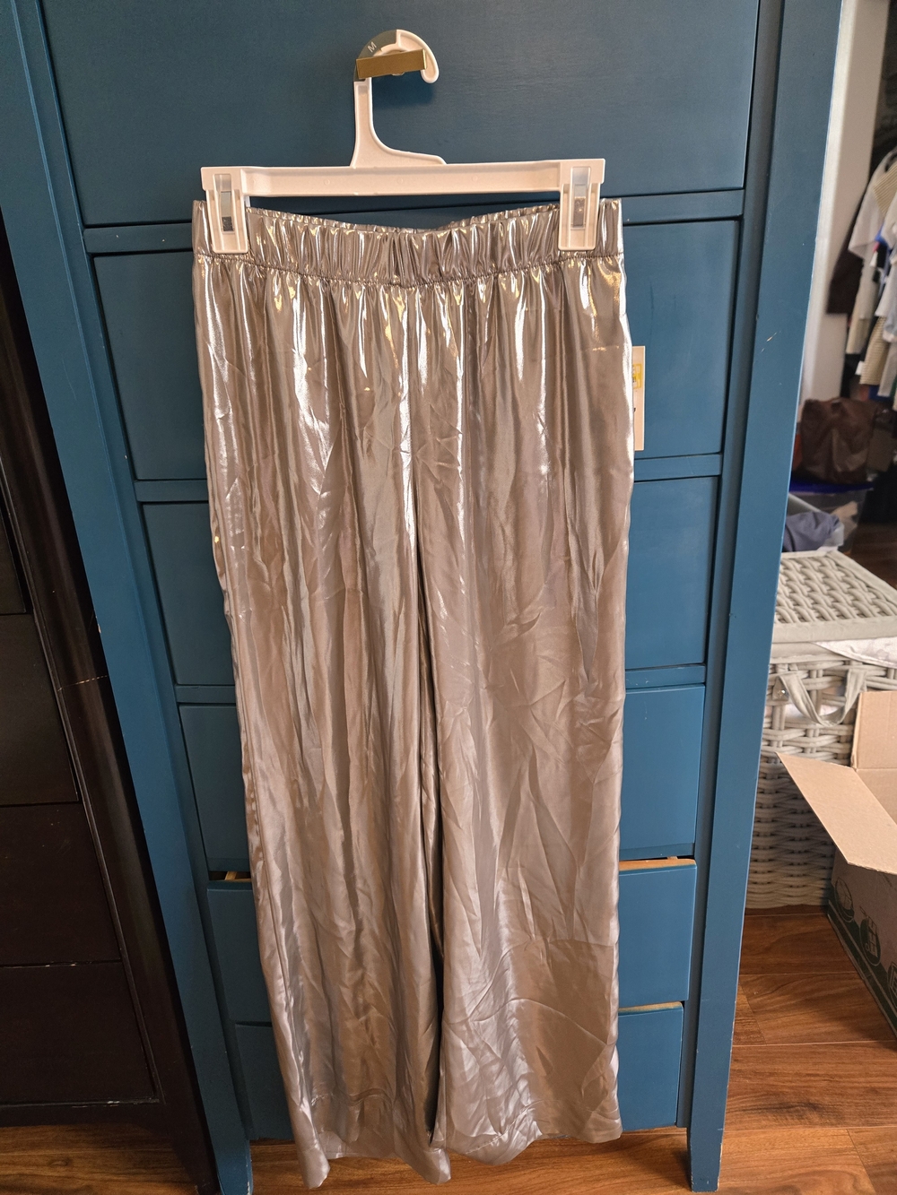 Metallic Silver Womens Wide-Leg Pants